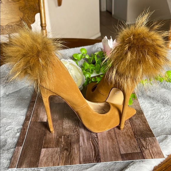 Brown Suede Stiletto Heels with Pom-Pom Embellishment - Picture 3 of 9